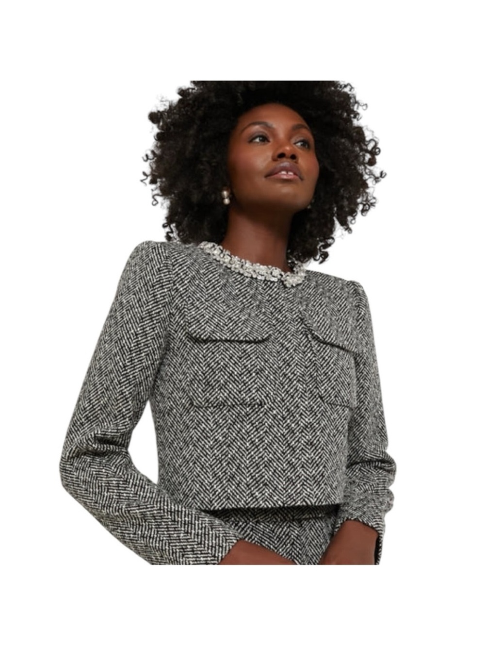 Self Portrait Black & White Tweed Cropped Jacket with Embellished Collar Size 4